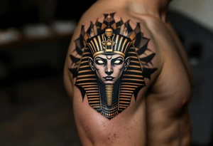 A powerful Sphinx head in solid black and bronze, with an intense gaze and massive headdress, inked across the upper arm as a symbol of strength and wisdom. tattoo idea