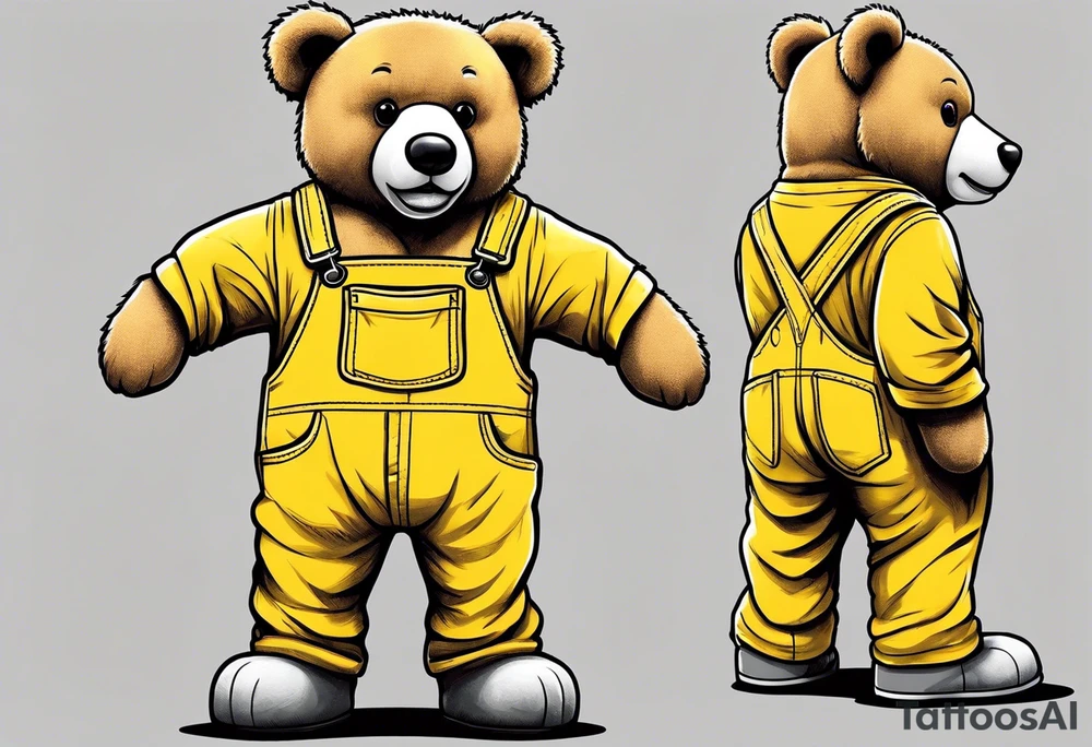 the back of a grey teddy bear standing in yellow overalls, no shirt and boots tattoo idea