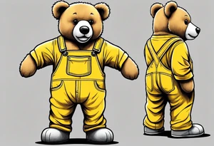 the back of a grey teddy bear standing in yellow overalls, no shirt and boots tattoo idea
