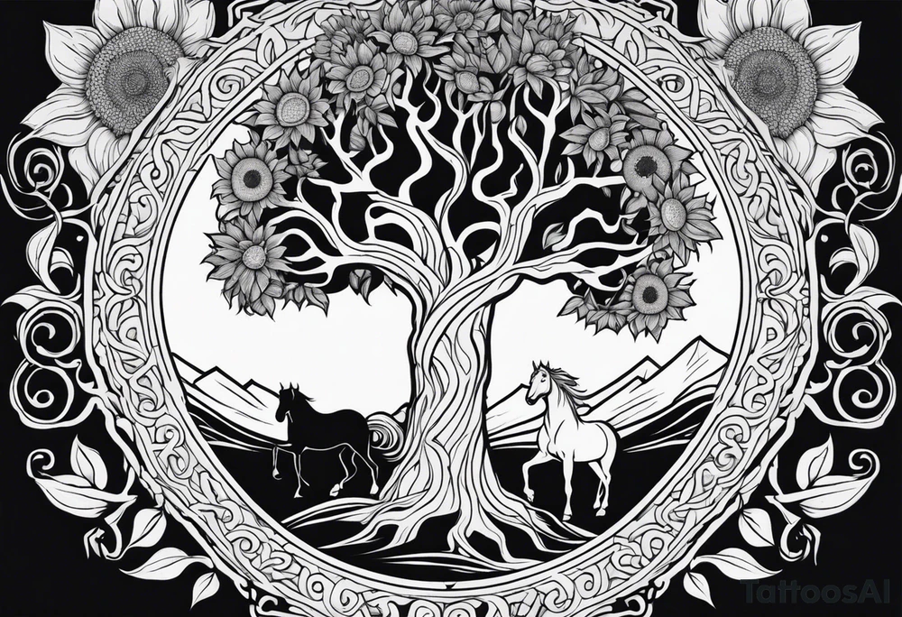 Yggdrasil tree, horse in front of it, and sunflowers tattoo idea