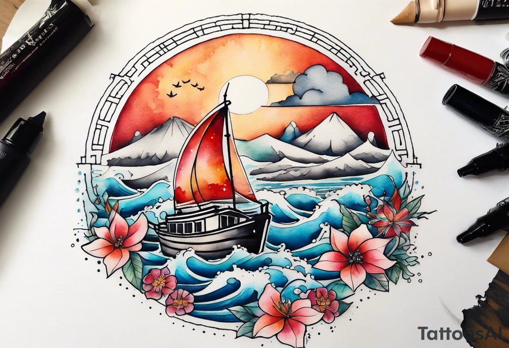 Travel themed for thigh, compass rose overlaid with a landmarks in and around it, spilled watercolor and tiny jet plane silhouette and a tiny motor boat in the water tattoo idea