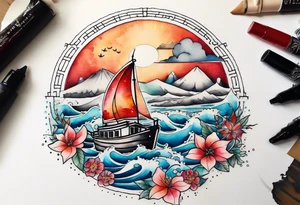 Travel themed for thigh, compass rose overlaid with a landmarks in and around it, spilled watercolor and tiny jet plane silhouette and a tiny motor boat in the water tattoo idea