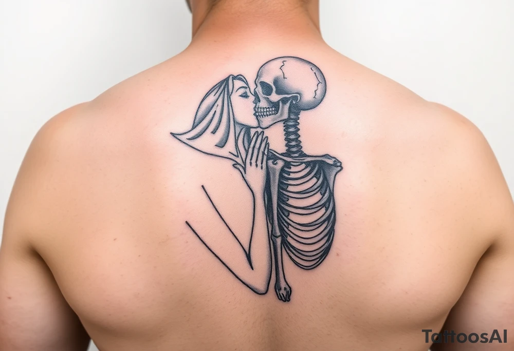 A lady passionately kissing a skeleton tattoo idea