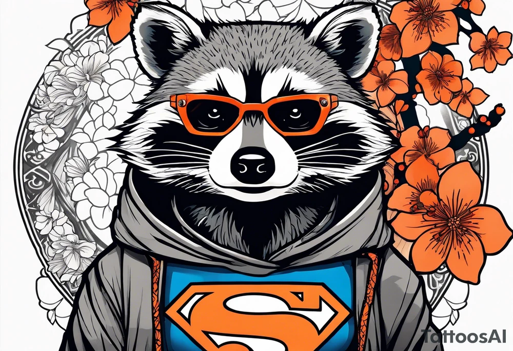 raccoon wearing a black and white Superman hoodie and orange Japanese cherry blossoms tattoo idea