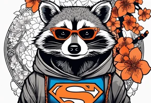 raccoon wearing a black and white Superman hoodie and orange Japanese cherry blossoms tattoo idea