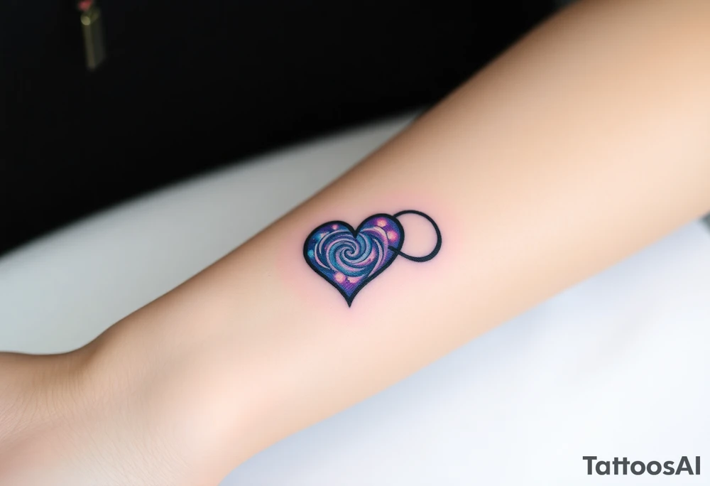 One infinity symbol with a heart made of swirling galaxy patterns at its end tattoo idea