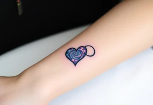 One infinity symbol with a heart made of swirling galaxy patterns at its end tattoo idea
