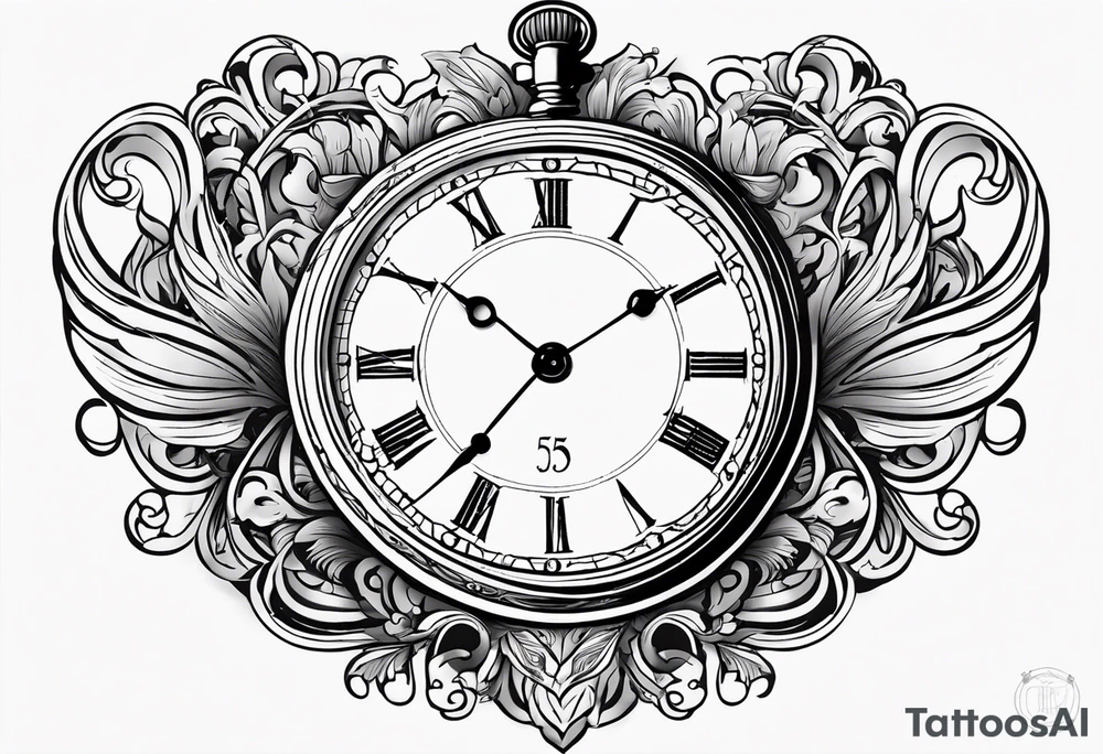 Pocket watch with the time 5:25 on. Underneath a scroll with 04/09/2014 tattoo idea