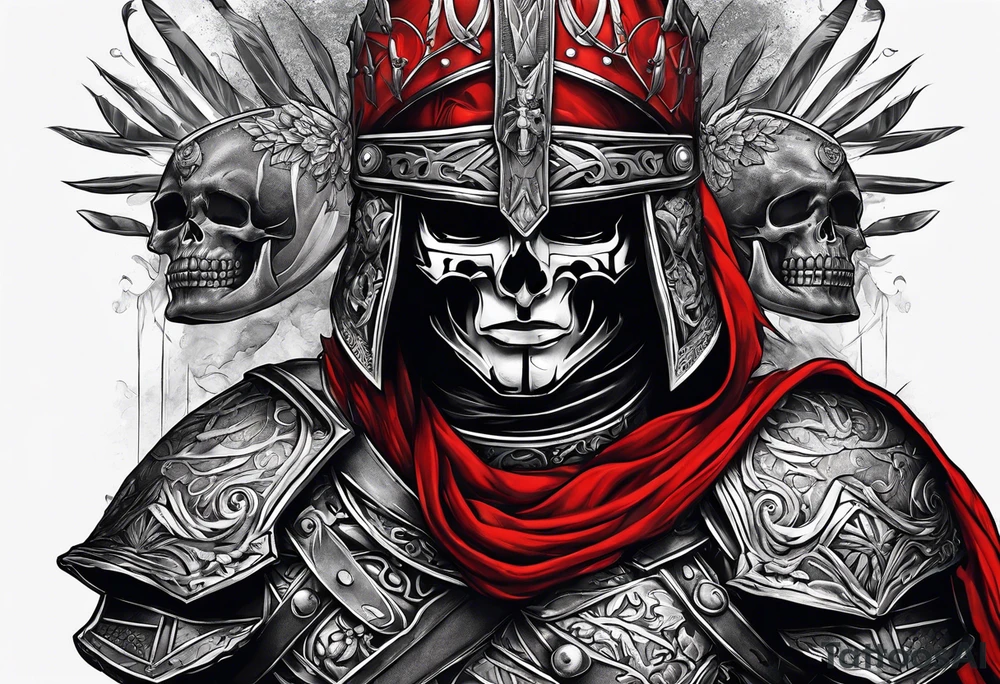 gladiator with red clothes, skulls on the ground tattoo idea