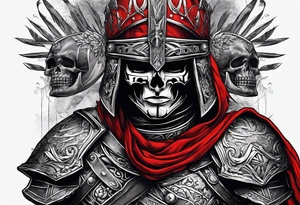 gladiator with red clothes, skulls on the ground tattoo idea
