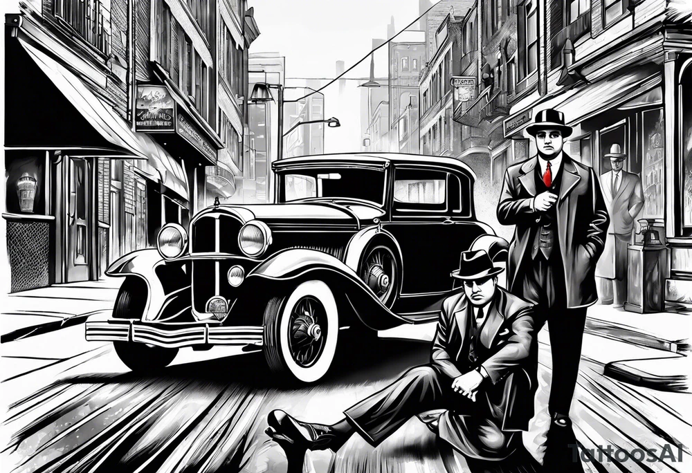 Al Capone style gangsters with machine guns set with a 1930s city street background, include a 1930's car , flames and smoke tattoo idea
