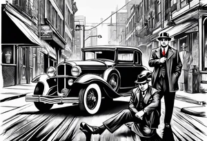 Al Capone style gangsters with machine guns set with a 1930s city street background, include a 1930's car , flames and smoke tattoo idea