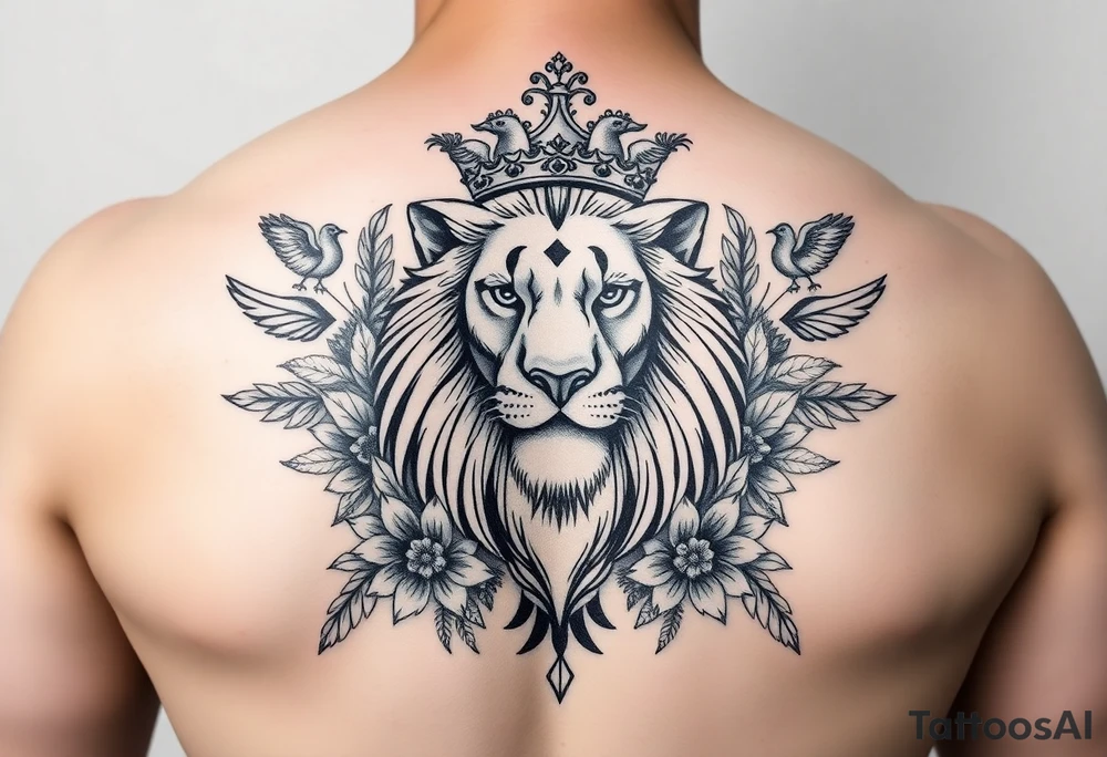 powerful majestic lion with a crown, surrounded by floral ornaments and birds tattoo idea