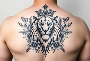 powerful majestic lion with a crown, surrounded by floral ornaments and birds tattoo idea