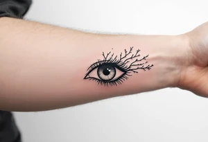 Minimalistic black line tattoo of an eye with its lines extending into tree branches, thin and abstract design. tattoo idea