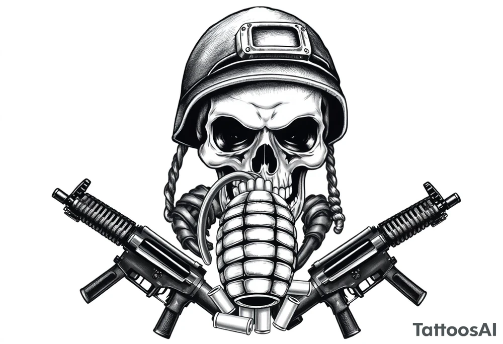 A stoic skull in a soldier's helmet, clutching a hand grenade, with crossed assault rifles and loose cartridges. tattoo idea