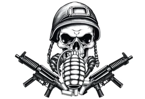A stoic skull in a soldier's helmet, clutching a hand grenade, with crossed assault rifles and loose cartridges. tattoo idea