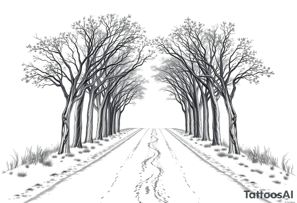 Tree-lined dirt road. Road is rough, little shoulder. Deciduous trees arch across it, meeting in the middle. 

Road should be rougher, more rural. Branches start lower. The trees in the foreground should be bigger — perspective has road getting smaller. 

Make the trees leafier. Branches begin lower on the trunk. 

Much leafier trees. Summer. Can’t see much behind the trees tattoo idea