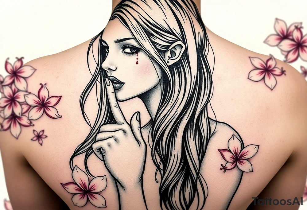 Beautiful women with long flowing hair in the wond that flows down her back and the side of her shoulder and chest as she is looking forward her face is she has big eyes that are empty cause she is blind and her little nose is normal and her lips are bug and full but she has her index finger to her full lips as telling you to not speak and even though she has alot of hair you can see her pierced ears but both ears are bleeding and the blood is dipped down her naked body as she sits in a garden full of Beautiful pink plumeria tattoo idea