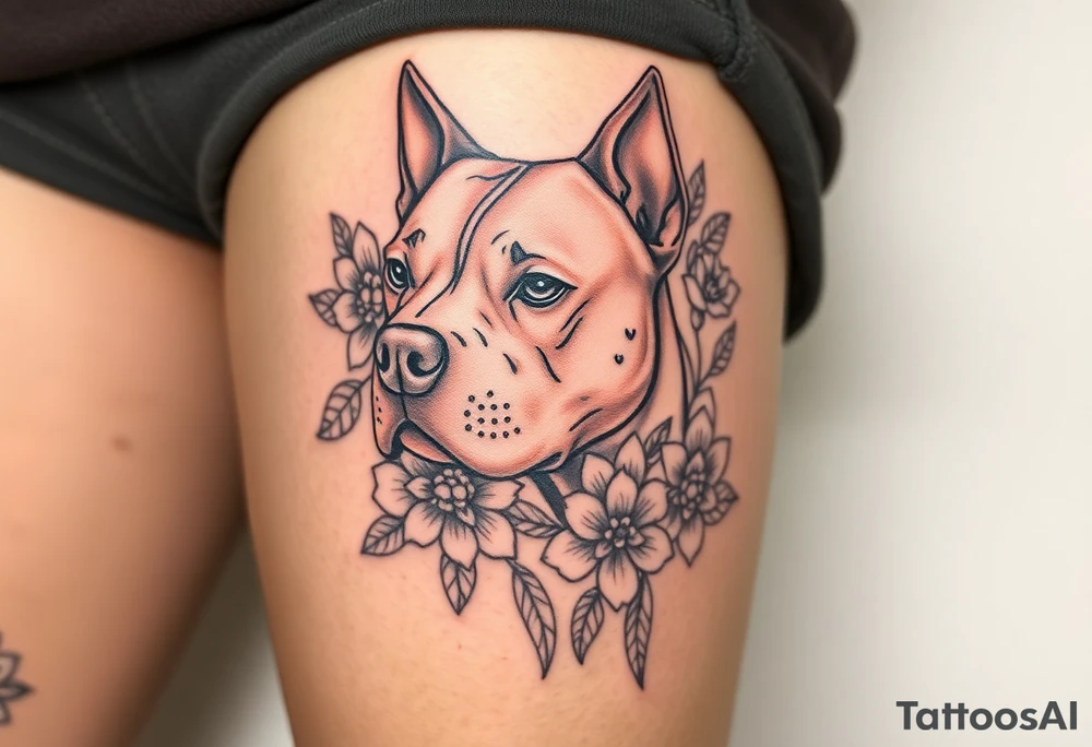 Fawn and white Pitbull head with flowers tattoo idea