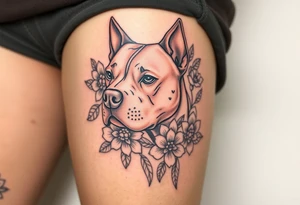 Fawn and white Pitbull head with flowers tattoo idea