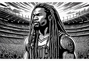 blue wildcat with long dreads under stadium football lights with a snarl on his face standing on a hill looking down at all his defeated opponents tattoo idea