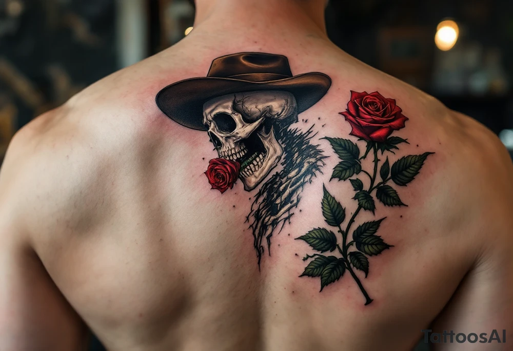 a full body skeleton cowboy gunslinger with a rose in his mouth. tattoo idea