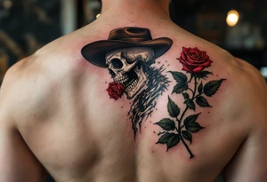 a full body skeleton cowboy gunslinger with a rose in his mouth. tattoo idea