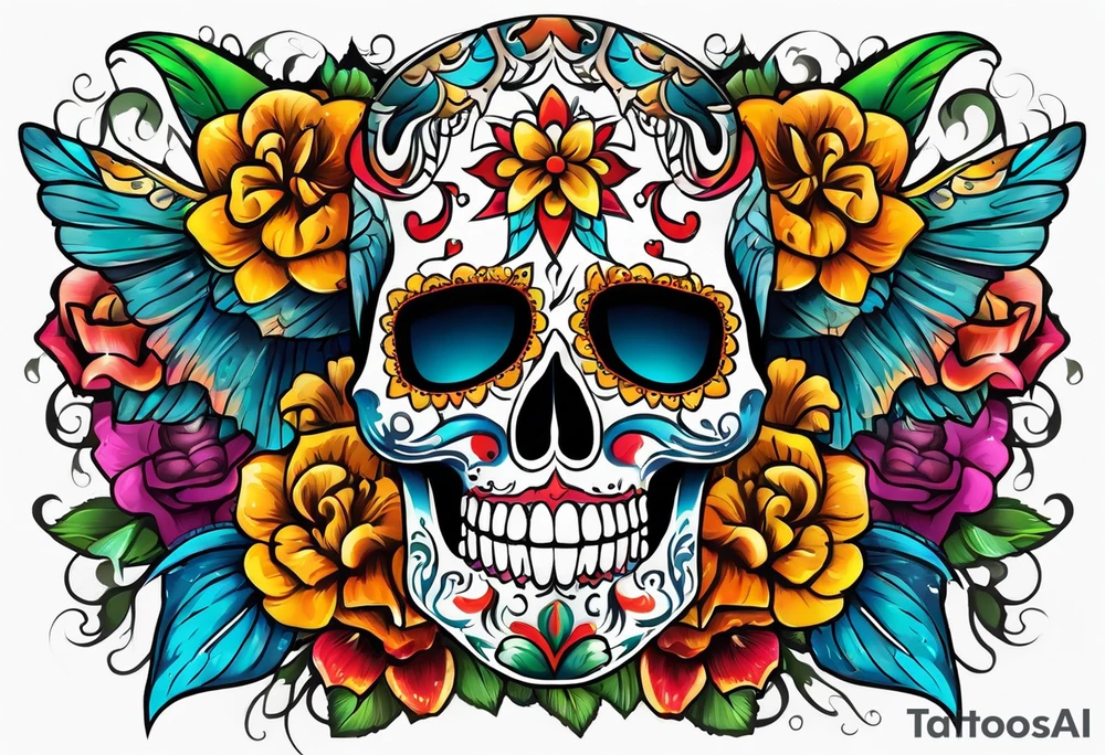 Colorful Mexican skull with bats and water tattoo idea