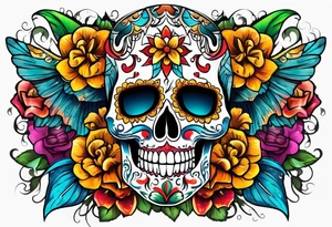 Colorful Mexican skull with bats and water tattoo idea