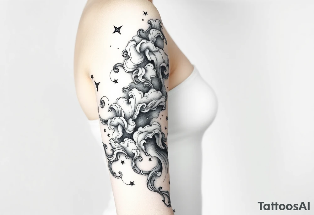 Art nouveau style Celestial swirling tumultuous intergalactic space clouds flowing like wispy smoke tattoo idea
