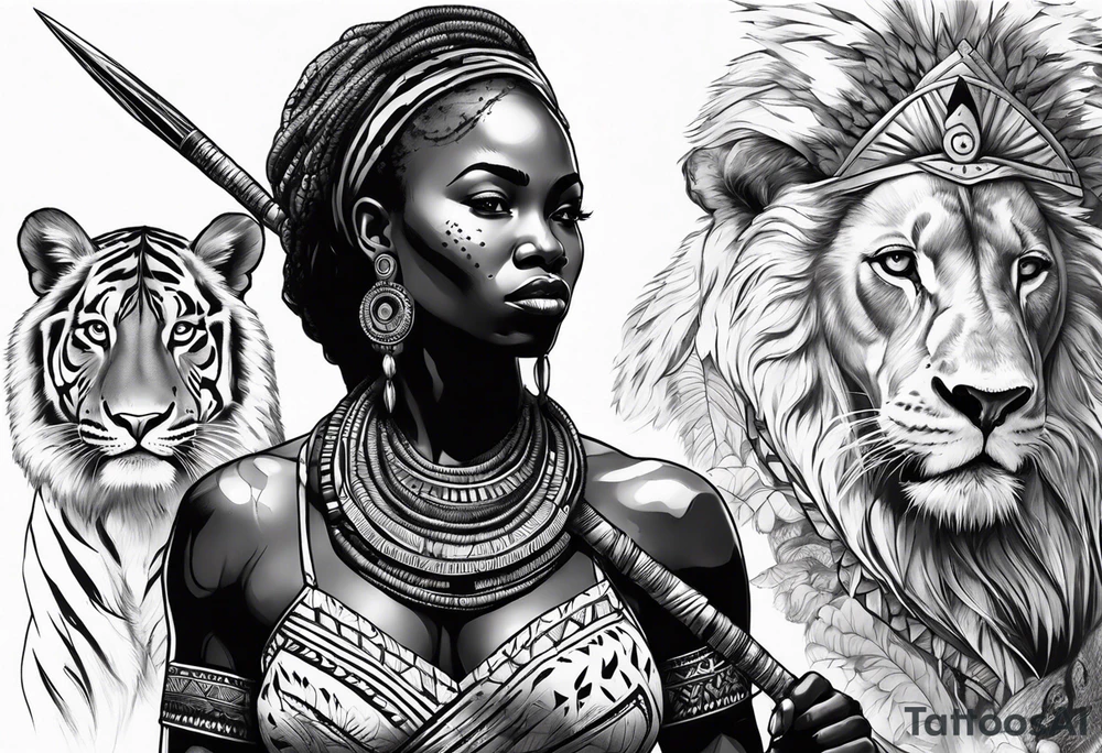 African woman warrior with tribe scars and spear in hand with animals in background tattoo idea