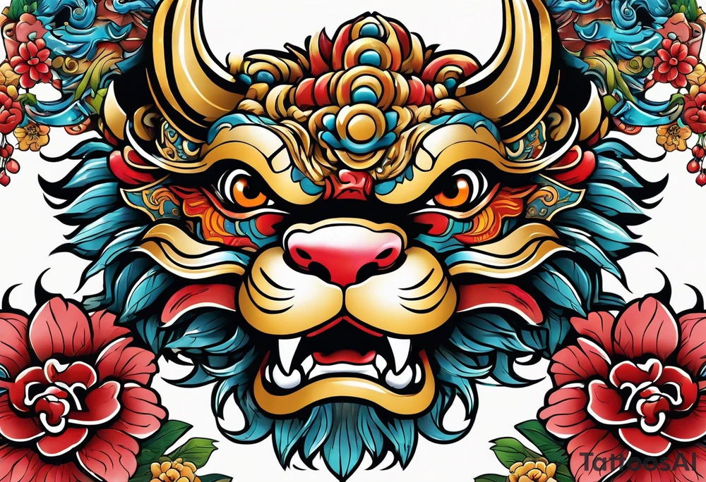 Traditional Okinawa shisa pair, One has their mouth closed, the other with their mouth open tattoo idea