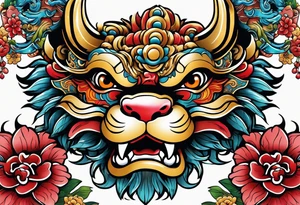 Traditional Okinawa shisa pair, One has their mouth closed, the other with their mouth open tattoo idea