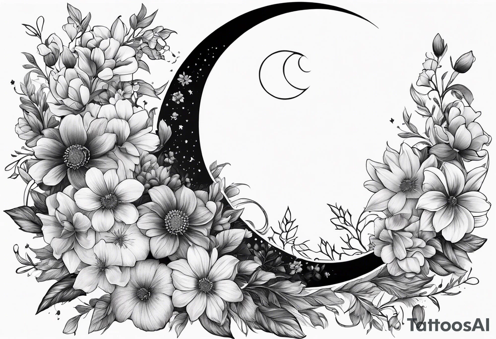 Crescent moon made out of flowers facing to the right tattoo idea