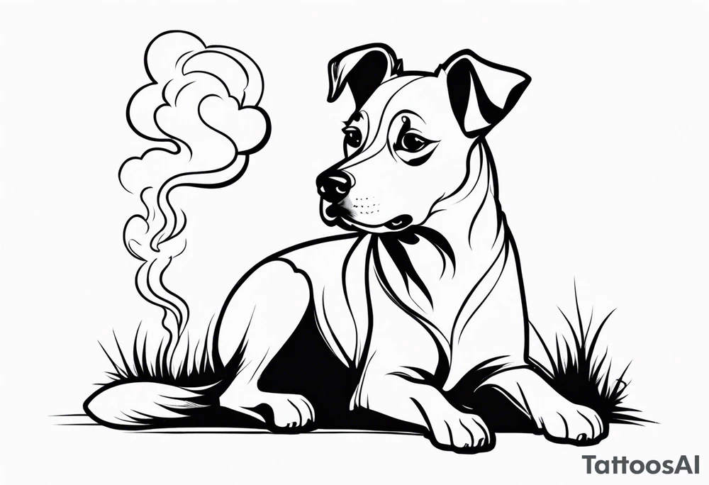 A black and white sketch of a cute dog with large, sad eyes, sitting and smoking a cigarette, with smoke swirling around its head tattoo idea