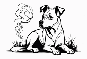 A black and white sketch of a cute dog with large, sad eyes, sitting and smoking a cigarette, with smoke swirling around its head tattoo idea