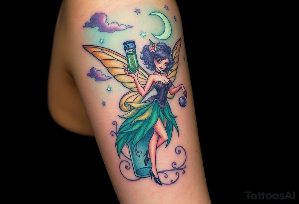 Tim Burton’s kelly doty pin up style Vintage Parisian elegant and hauntingly beautiful yet eerie full body absinthe Green Fairy dances outside her victorian crystal decatur she was once inside this elaborate ornate bottle absinthe bottle Absinthe Art Nouveau   and dripping with muted reds, dusty pinks, and eerie green glow.purple and cyan smokey clouds swirl in the crescent moonlit sky thats sprinkled with stars tattoo idea