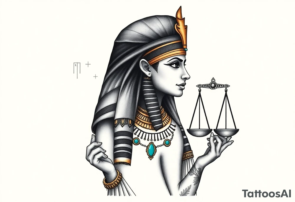 Super realistic tattoo design of the Egyptian goddess Ma’at, depicted as a serene and regal woman with an elegant ostrich feather on her head symbolizing truth and balance, wearing traditional ancient Egyptian attire with intricate gold and turquoise jewelry, holding scales of justice in one hand. The design features detailed facial features with soft natural lighting, realistic skin texture, and subtle shading to emphasize depth and dimension. Background elements include faint hieroglyphics and cosmic symbols representing order and harmony. Style: hyper-realistic, high detail, focused on symbolism and spiritual essence, suitable for upper arm or chest tattoo. tattoo idea