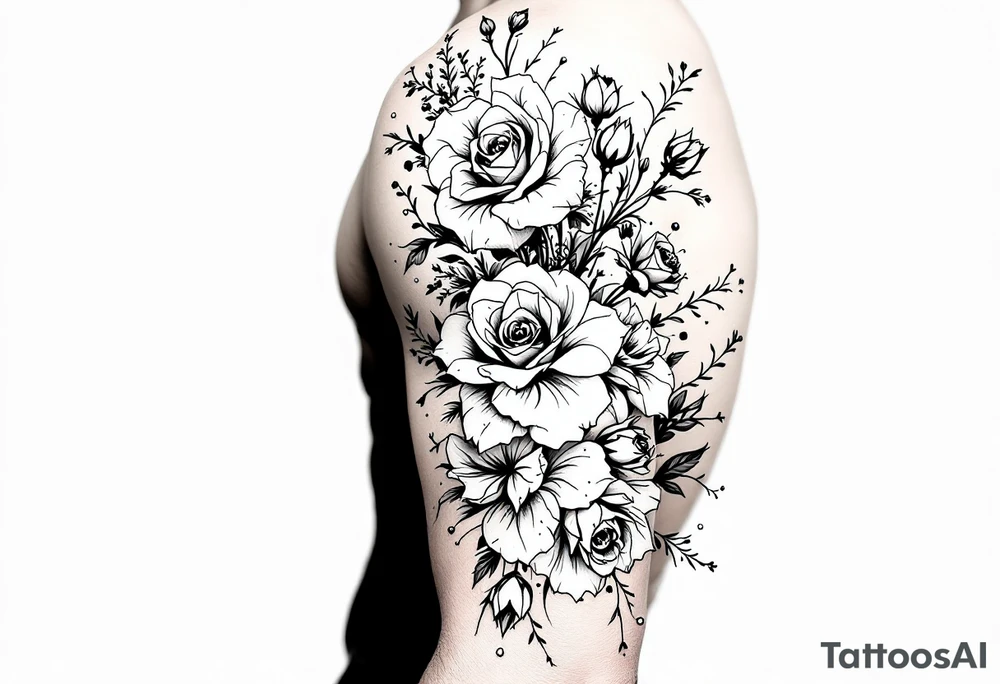 vintage bouquet of wild roses and meadow flowers with morning dew tattoo idea