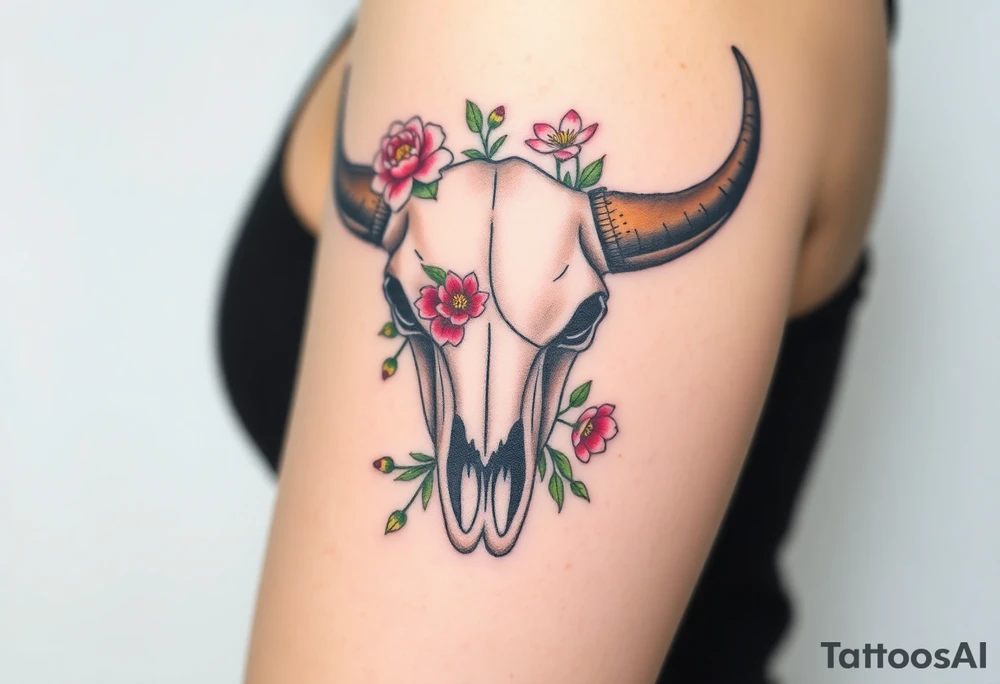 Buffalo skull with flowers. Peony, snowdrop, holly with berries, larkspur, peony. Colour. For upper arm. Masculin. 2:1 aspect

Have one peony and snowdrop above horns. Have holly with berries, larkspur, peony below horns. tattoo idea
