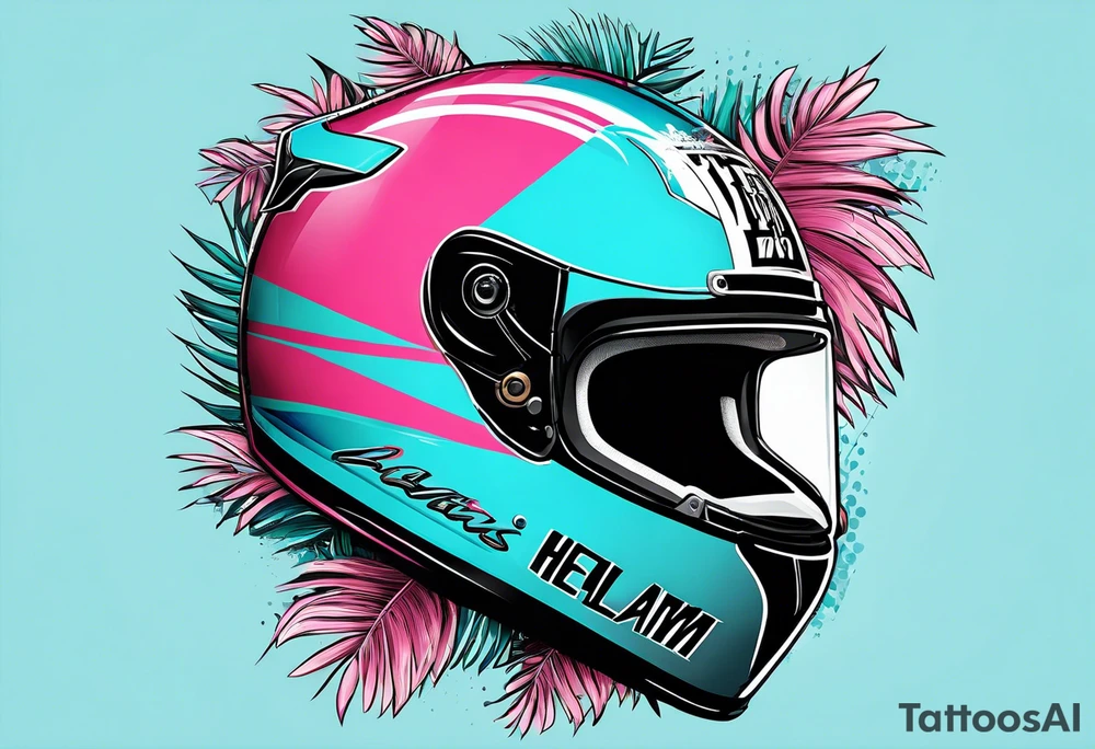 Formula 1 helment with the Miami name a palm tree and light blue black and pink colors 3/4 view tattoo idea