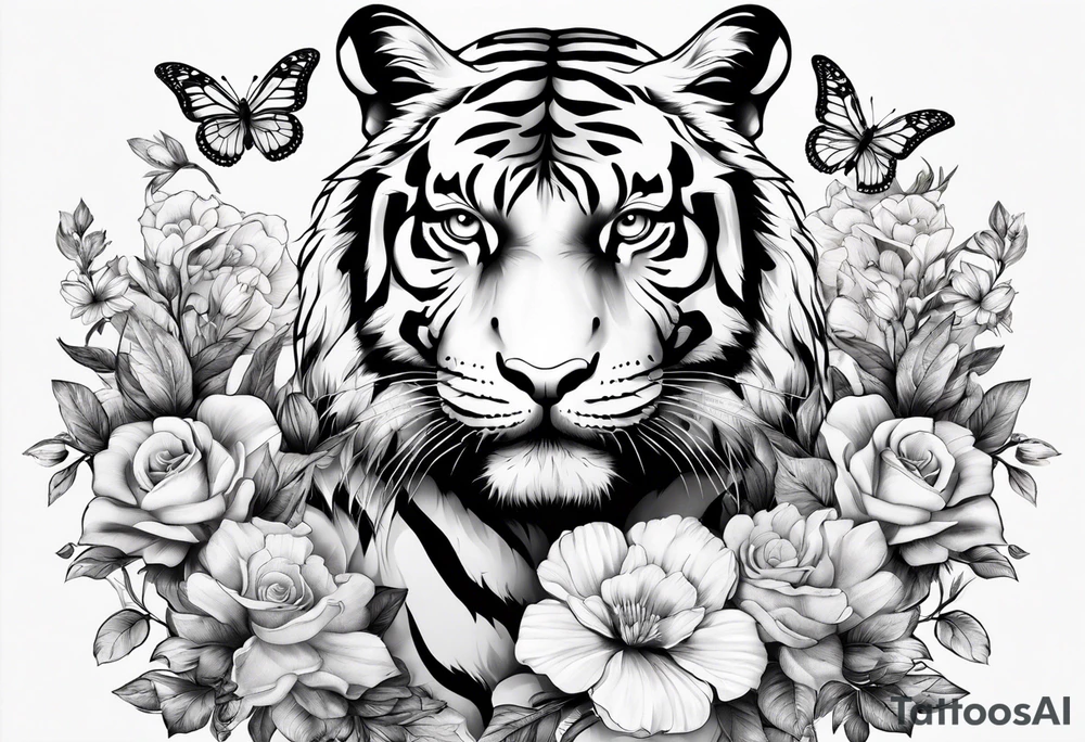 tiger, 3 buterflies, flowers tattoo idea