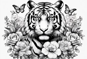 tiger, 3 buterflies, flowers tattoo idea