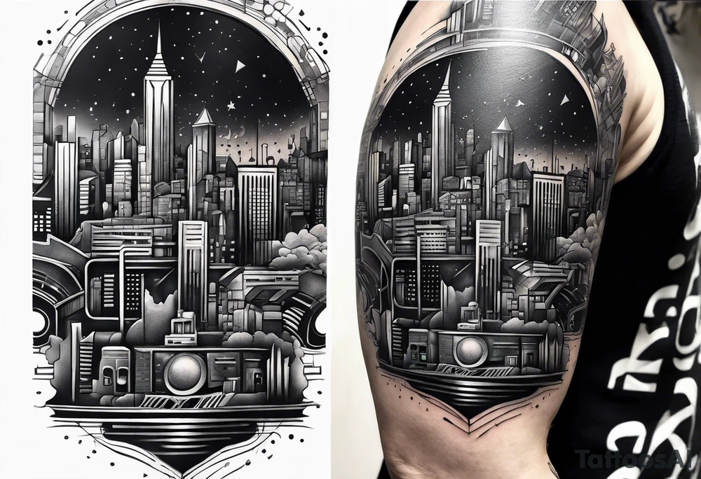 BLACK AND GREY
A tattoo featuring a futuristic cityscape with elements of music and technology integrated throughout tattoo idea