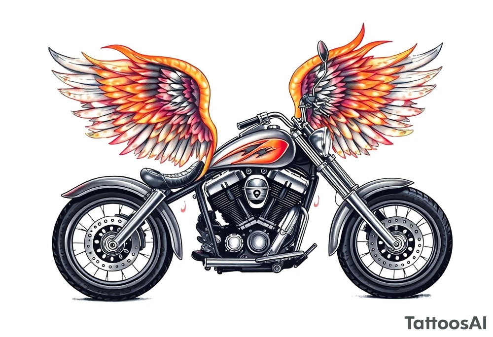 Low rider grey motorcycle, flames, angel wings tattoo idea
