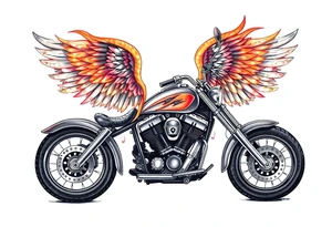 Low rider grey motorcycle, flames, angel wings tattoo idea