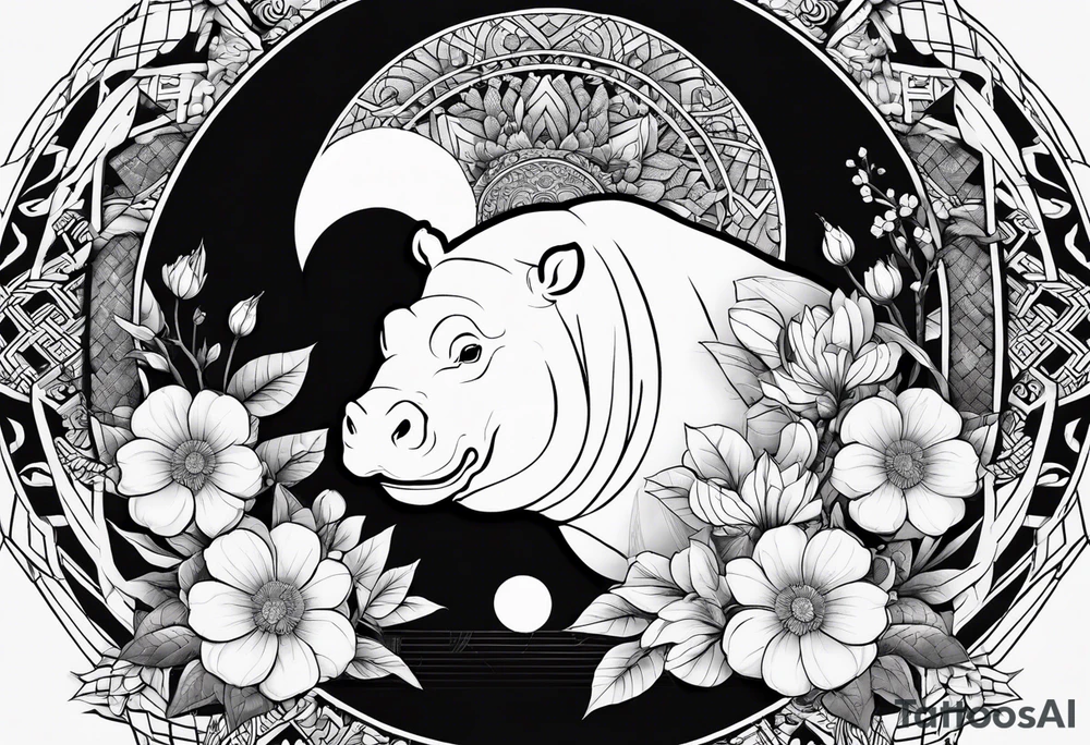 Very asymmetrical, +geometric pattern, with realistic full moon, with seeious looking hippo, +zen feel, + Buddhism touch, +tribal, +geometric
with wintersweet flower bud, +portrait orientation, +inkart touch, tattoo idea