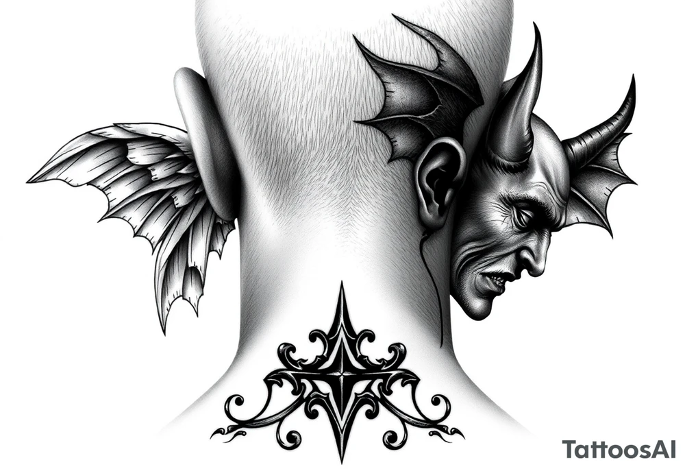 position behind the neck Angel (on the right) whispering in the right ear, demon (on the left) whispering in the left ear. It must be as realistic as possible. tattoo idea