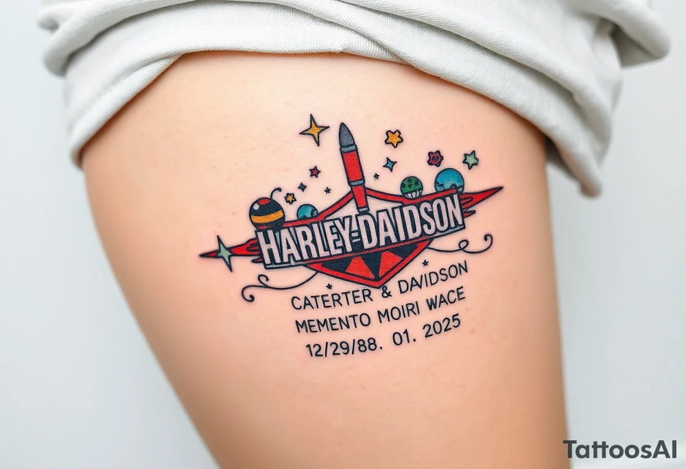 colorful futuristic memory tattoo for passed boyfriend;, star wars, space, Harley Davidson, skateboarding, puzzle pieces, video games, heaven, god, outdoors, 9mm bullet, words MEMENTO MORI & DARTH CARTER 12/29/88-01/06/2025 tattoo idea